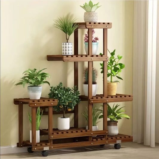 Multi-Layer Wood Plant Stand Rack, Outdoor Indoor Rolling Flower Pot Holder with Wheels