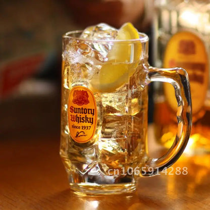 Glass Sunley Beer Mug with High-Footed Carved Flower Design. 401-500ml Capacity Classic Hi-Bang Whiskey Cup