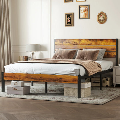MCQ Wooden Headboard, and Metal Platform Bed Frame, No Box Spring Needed with 700LBS Sturdy Wooden Slats Support For Home