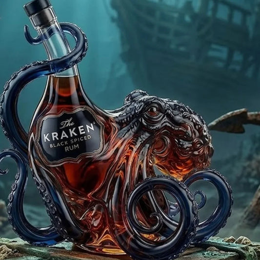 Kraken Octopus Whiskey Decanter, Vintage Bar Decor Wine Bottle, Glassware, Men Cave, Wall Art Collection Decorations